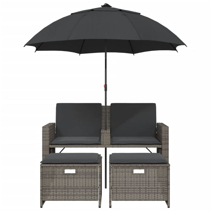 Gartensofa 2-Sitzer Sonnenschirm und Hocker Grau Poly Rattan