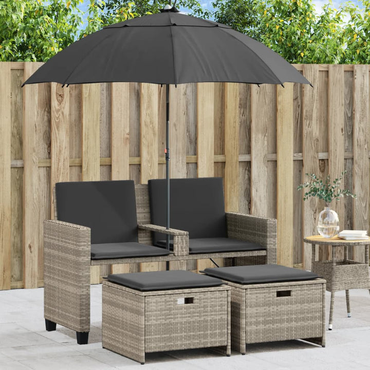 Gartensofa 2-Sitzer Sonnenschirm und Hocker Hellgrau Polyrattan