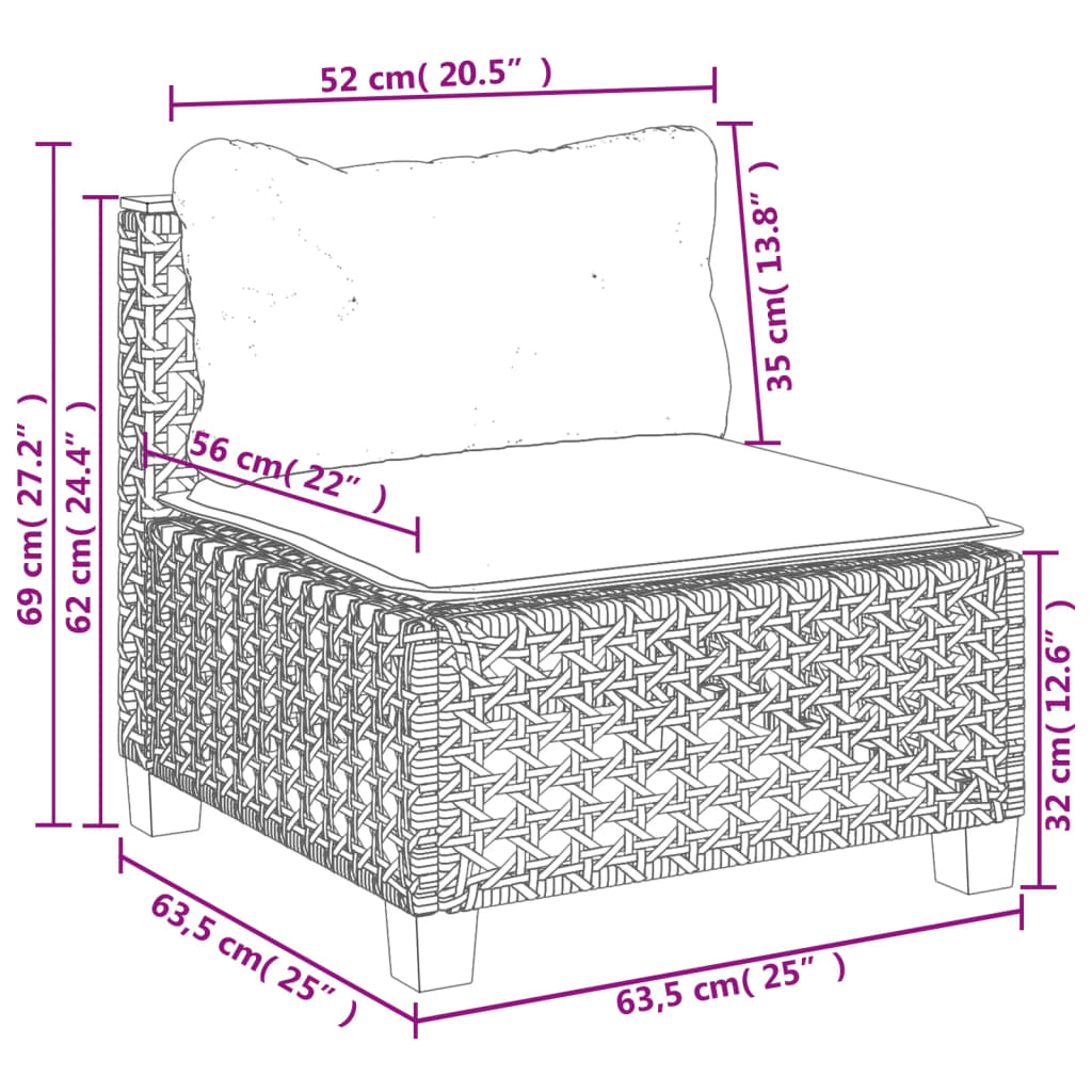 Gartensofa ohne Armlehnen mit Kissen Grau Poly Rattan