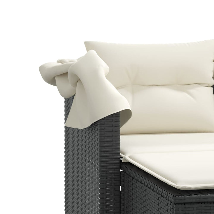 Gartensofa 2-Sitzer mit Dach und Hockern Schwarz Poly Rattan