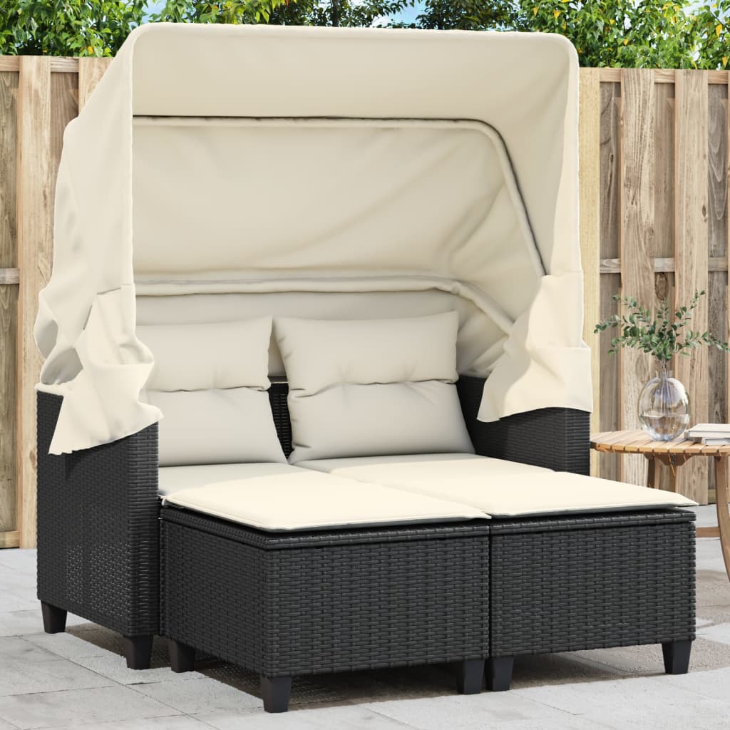 Gartensofa 2-Sitzer mit Dach und Hockern Schwarz Poly Rattan