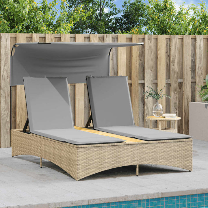 Doppel-Sonnenliege mit Dach und Auflagen Beige Poly Rattan