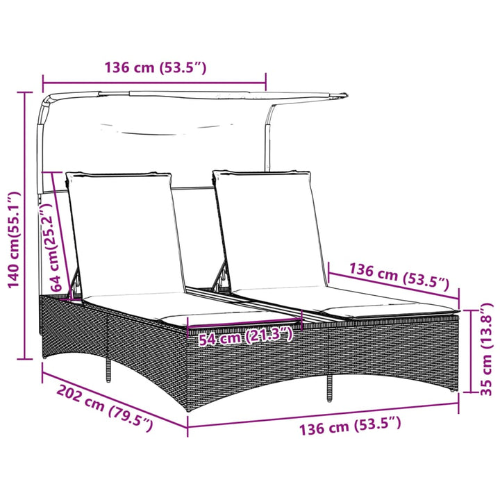 Doppel-Sonnenliege mit Dach und Auflagen Beige Poly Rattan