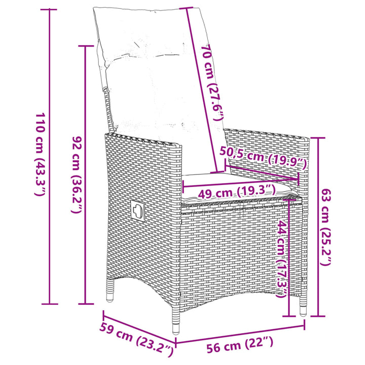 Sillón de jardín ajustable con cojín de poliratán gris