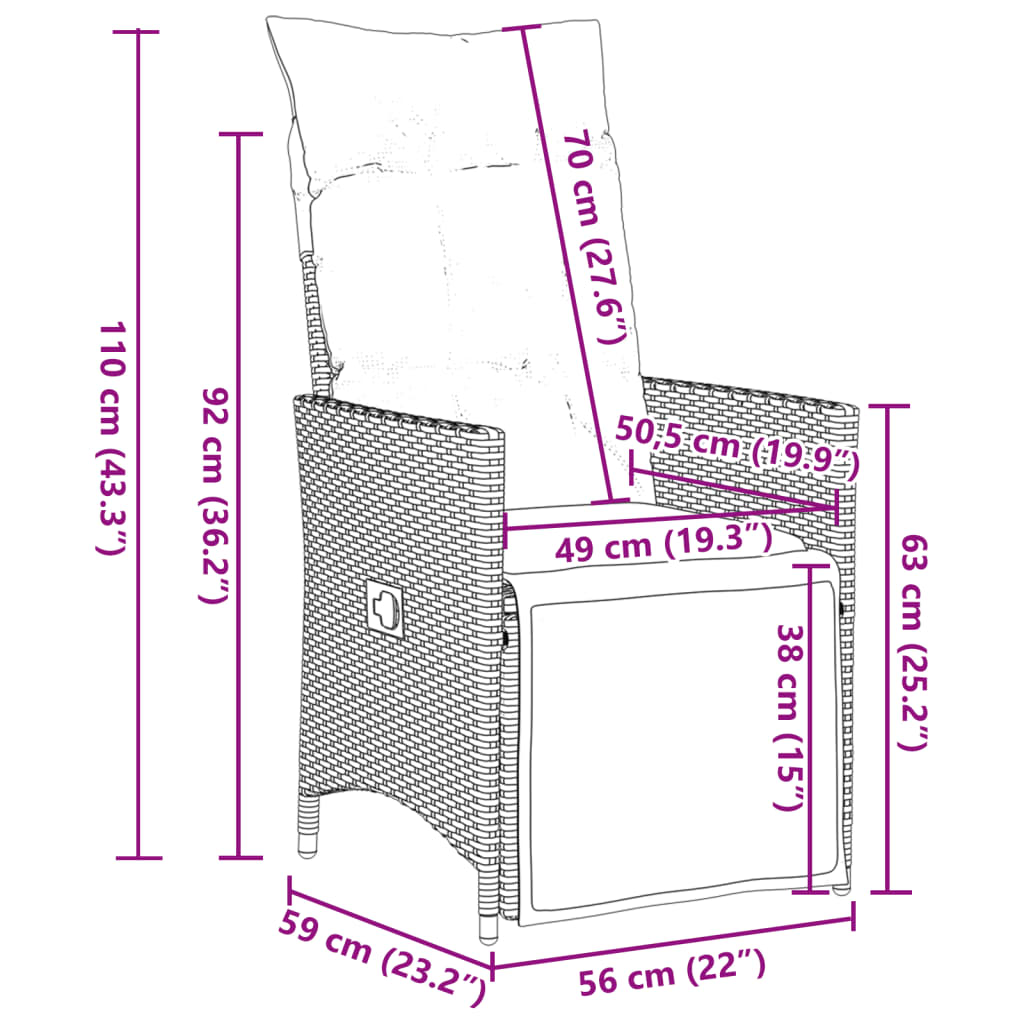 Gartensessel Verstellbar mit Kissen Schwarz Poly Rattan