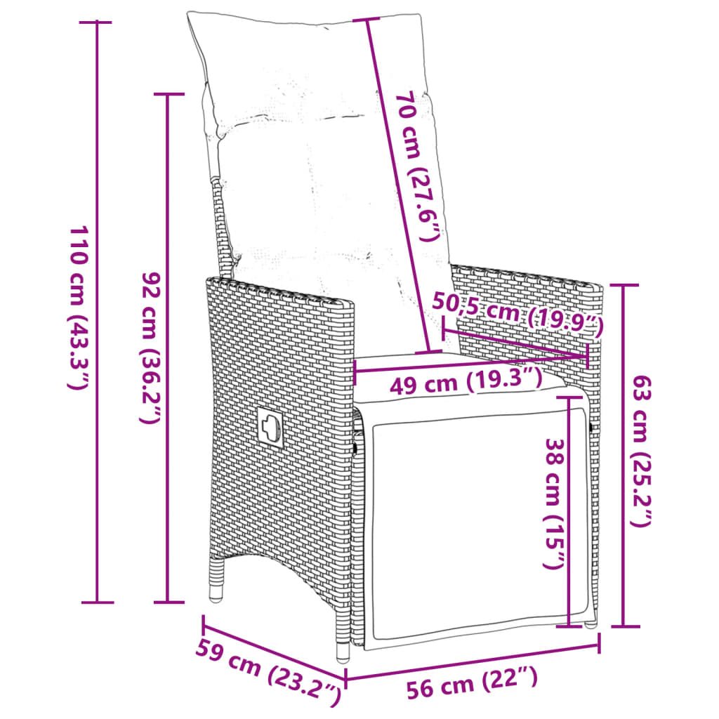 Gartensessel Verstellbar mit Kissen Grau Poly Rattan