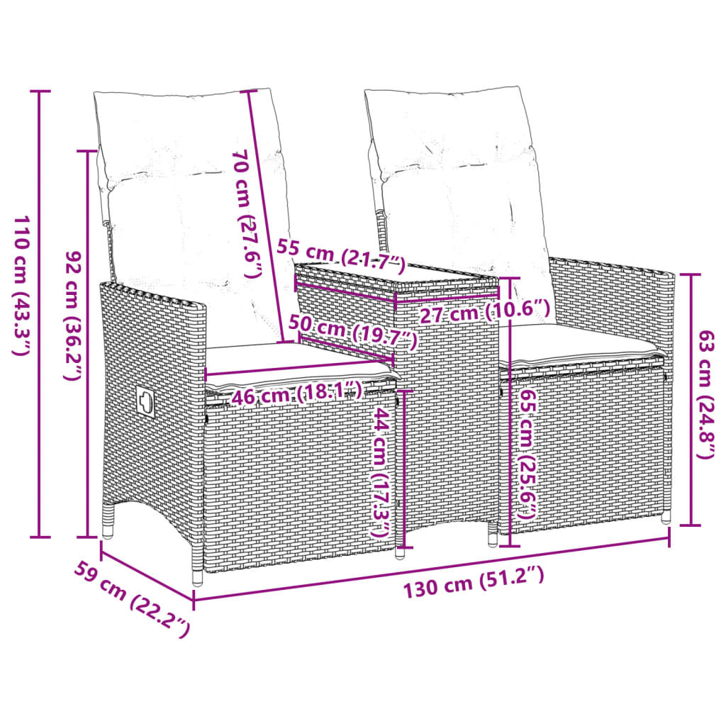 Gartensofa 2-Sitzer Verstellbar mit Tisch Beige Poly Rattan