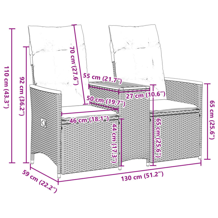 Sofá de jardín de 2 plazas regulable con mesa de polirratán gris