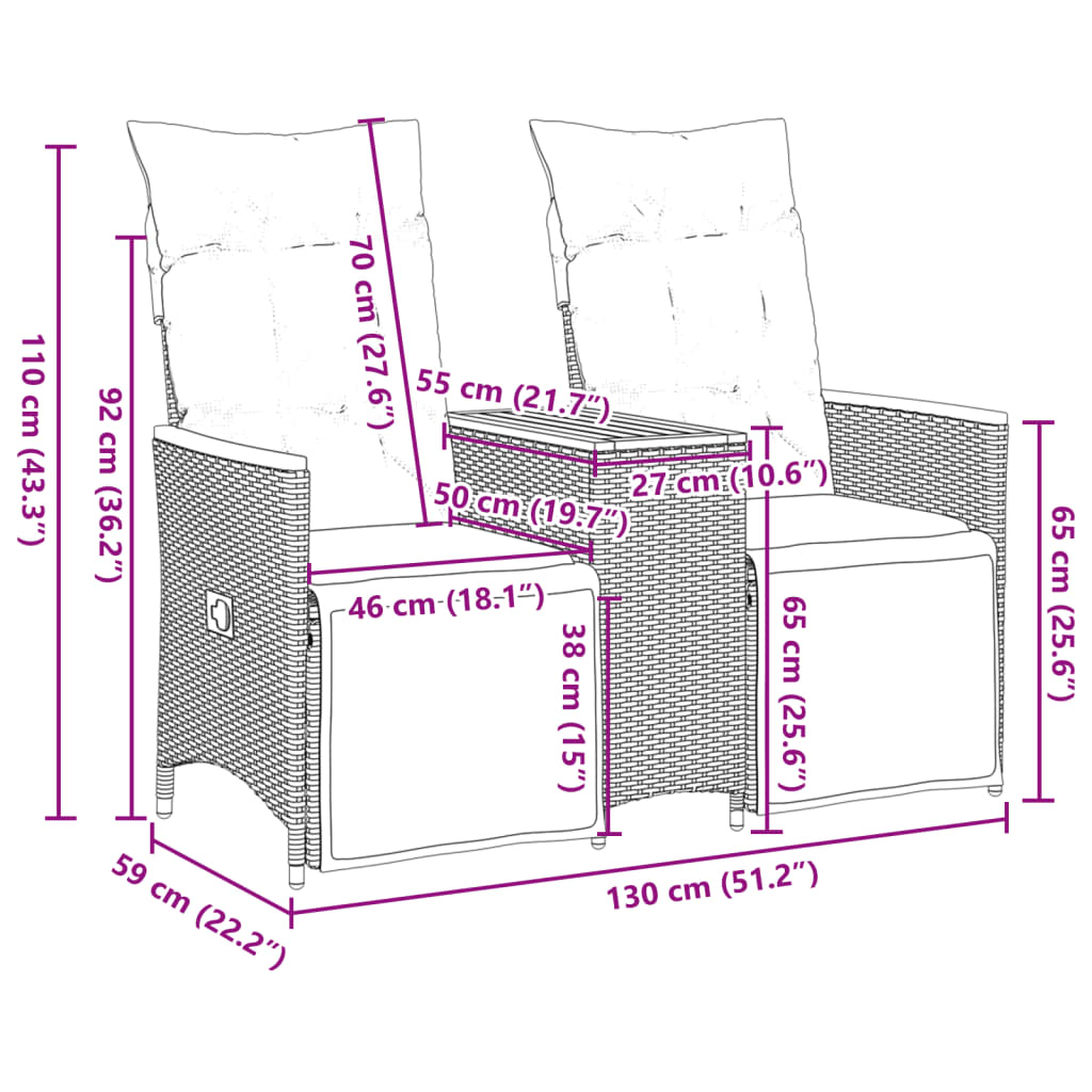 Sofá de jardín de 2 plazas regulable con mesa de polirratán gris