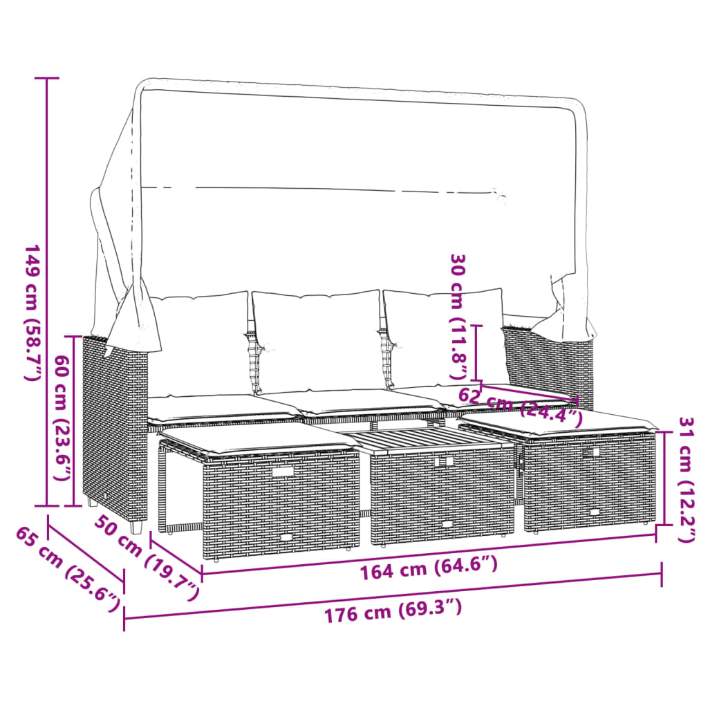 Outdoor-Sofa 3-Sitzer mit Dach und Hockern Schwarz Poly-Rattan