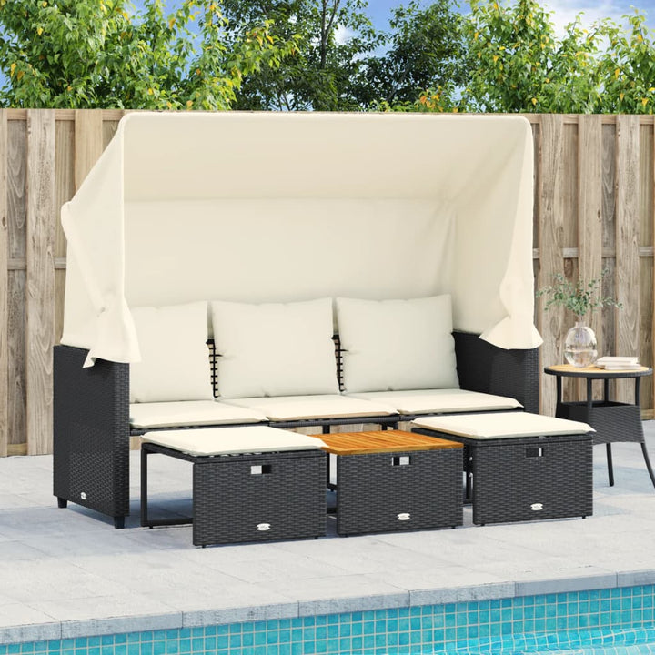 Outdoor-Sofa 3-Sitzer mit Dach und Hockern Schwarz Poly-Rattan