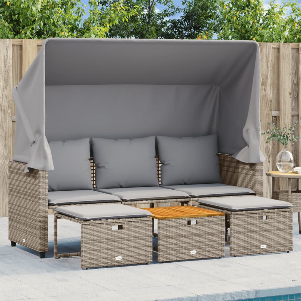 Outdoor-Sofa 3-Sitzer mit Dach und Hockern Grau Poly Rattan