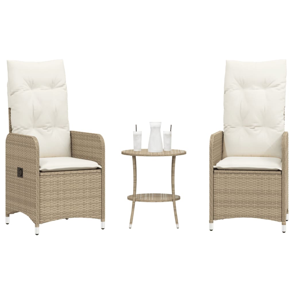 Gartensessel 2 Stk. Verstellbar mit Tisch Beige Poly Rattan