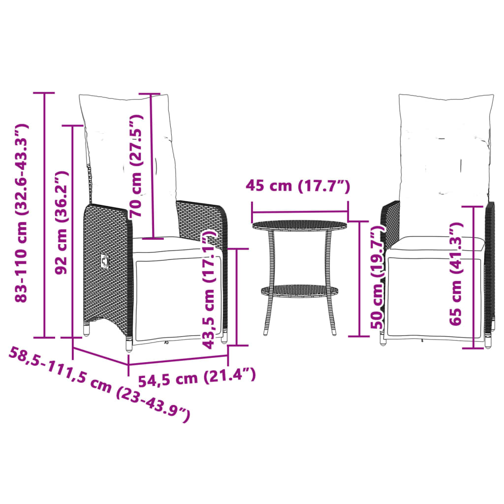 Sillones de jardín 2 uds. Regulables con mesa polirratán beige.