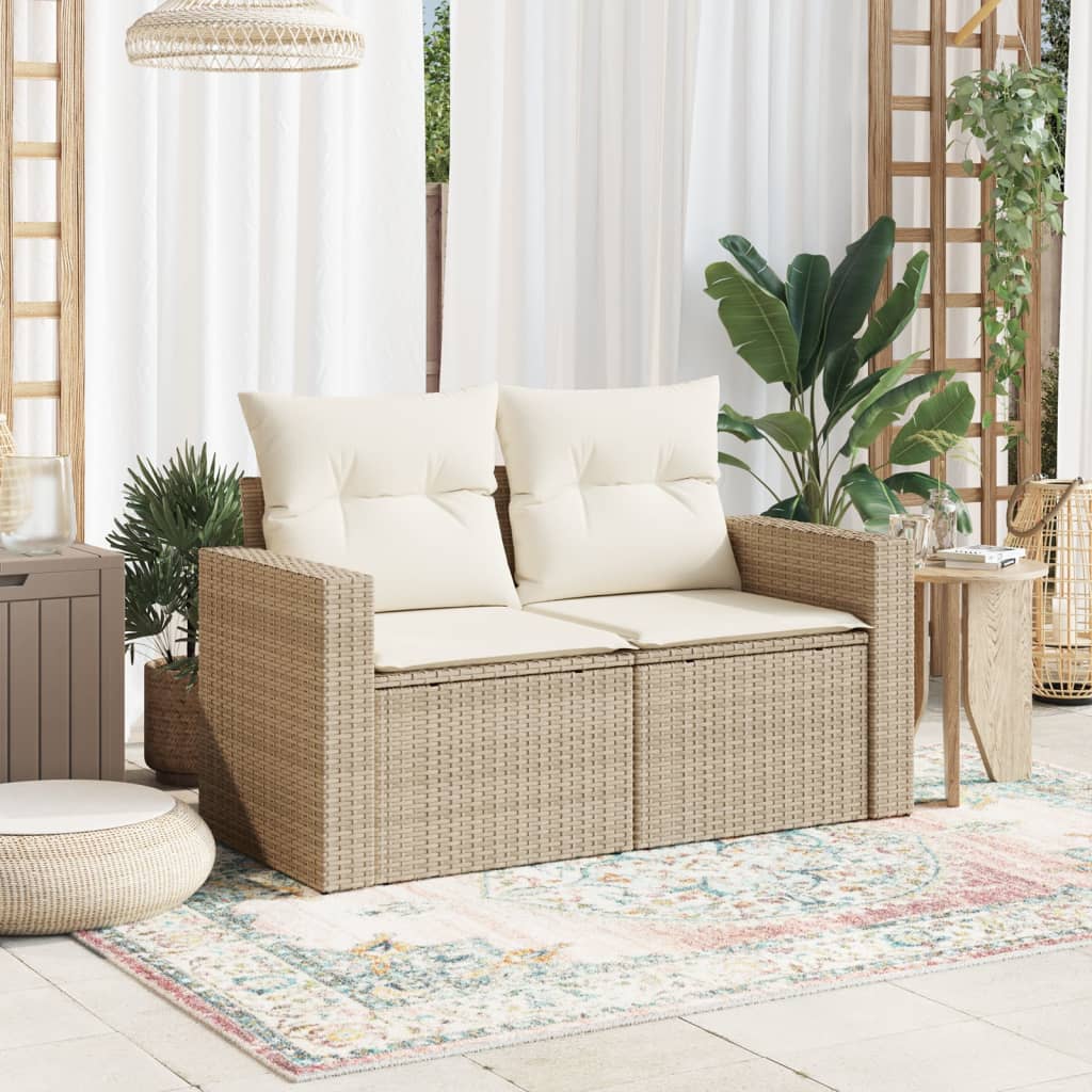 Gartensofa mit Kissen 2-Sitzer Beige Poly Rattan