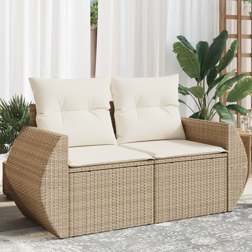 Gartensofa mit Kissen 2-Sitzer Beige Poly Rattan