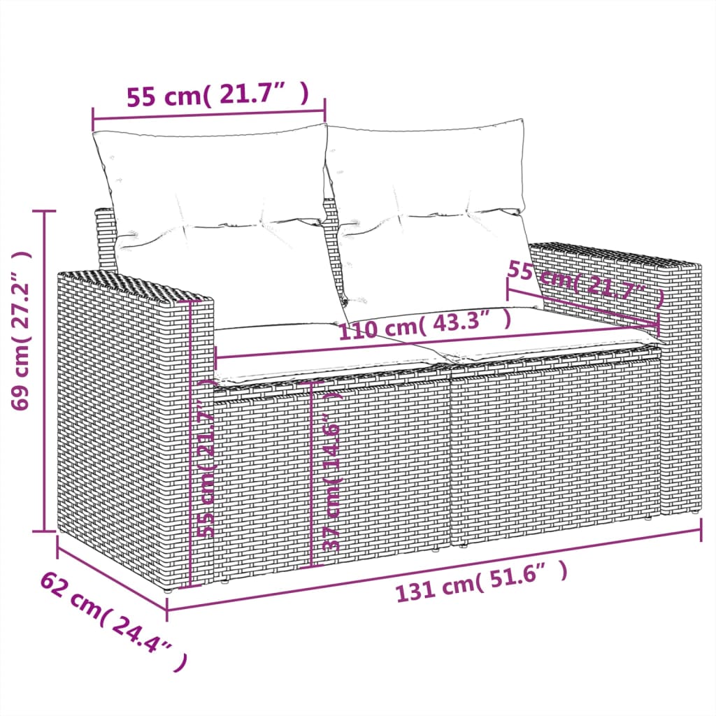 Gartensofa 2-Sitzer mit Kissen Grau Poly Rattan