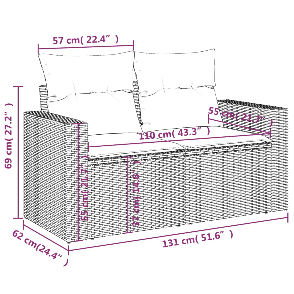 Gartensofa 2-Sitzer mit Kissen Grau Poly Rattan