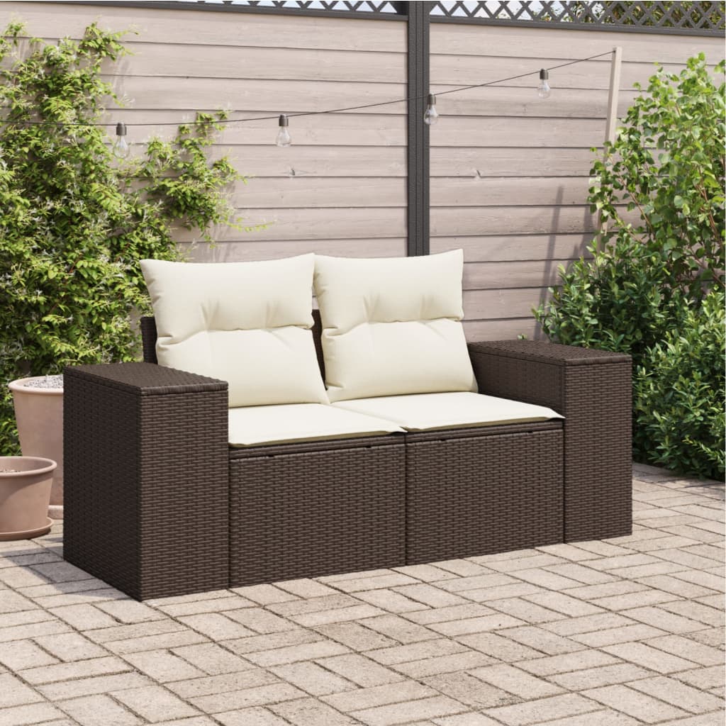 Gartensofa mit Kissen 2-Sitzer Braun Poly Rattan