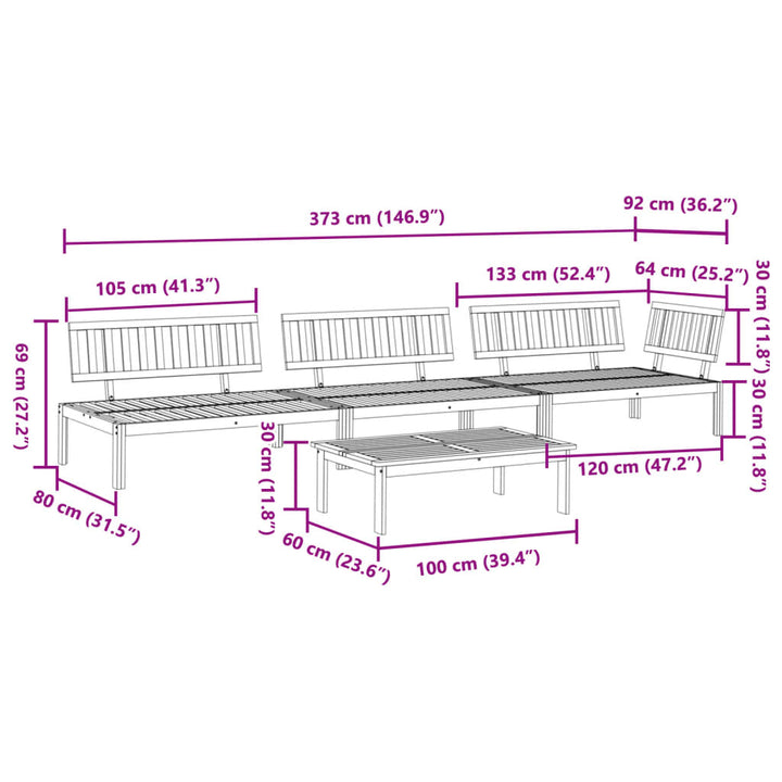 4 uds. Conjunto de sofás de jardín fabricados con palets de madera maciza de acacia.