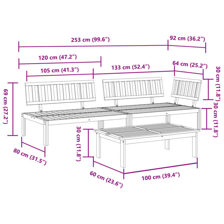 3 uds. Conjunto de sofás de jardín fabricados con palets de madera maciza de acacia.