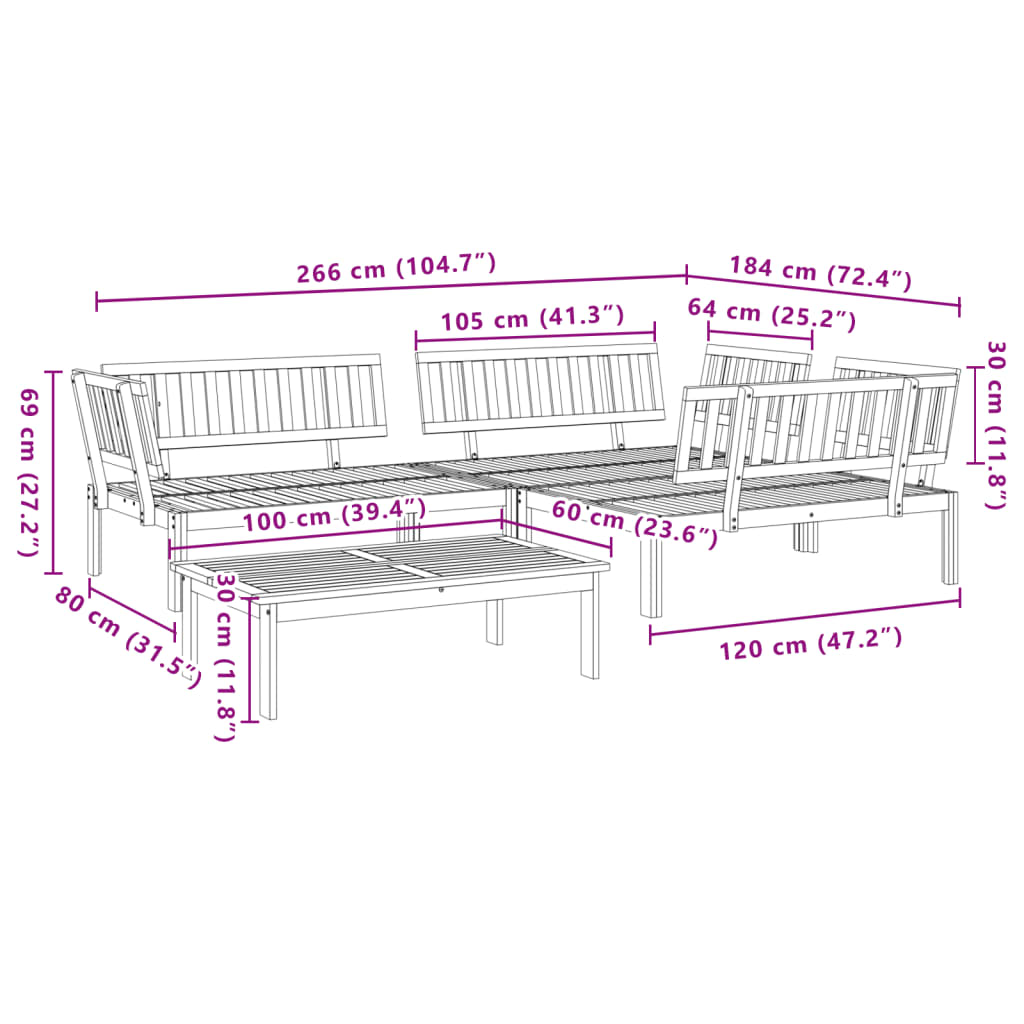 4 uds. Conjunto de sofás de jardín fabricados con palets de madera maciza de acacia.