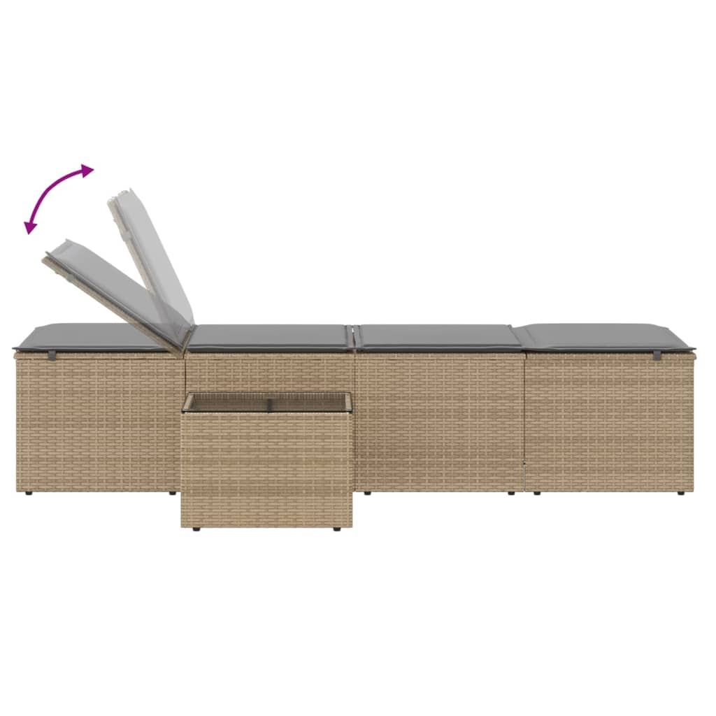 Sonnenliegen 2 Stk. mit Tisch Beige Poly Rattan