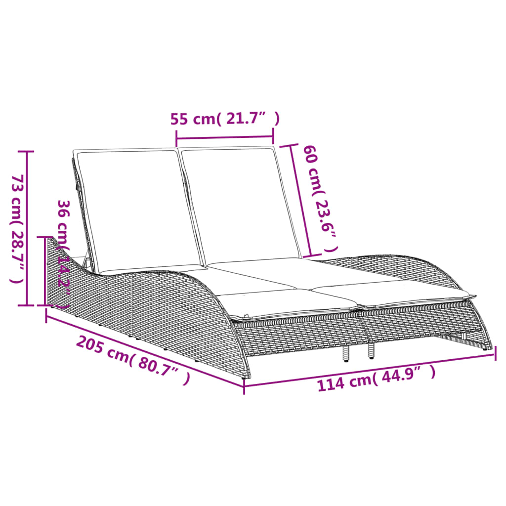 Sonnenliege mit Auflagen Schwarz 114x205x73 cm Poly Rattan