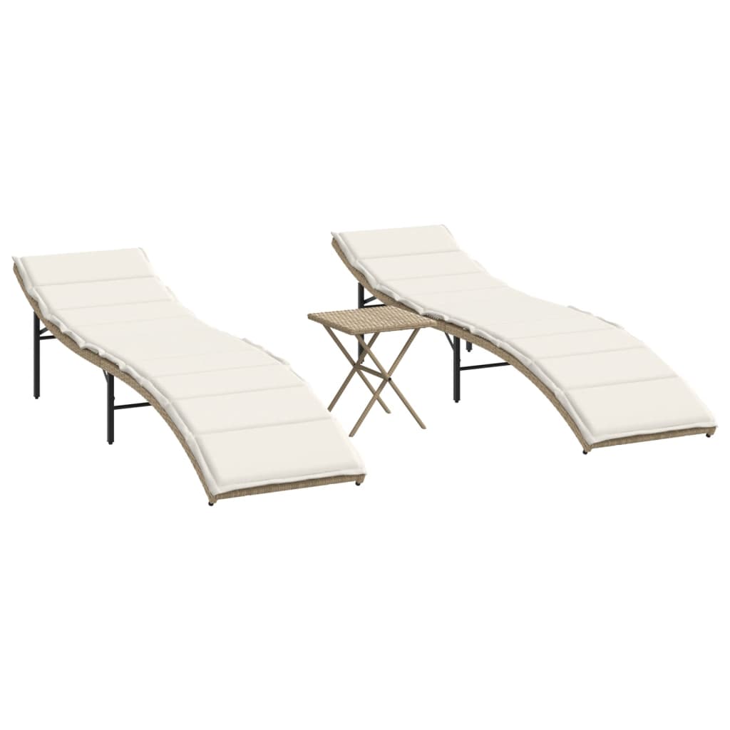 Sonnenliegen 2 Stk. mit Tisch Beige Poly Rattan