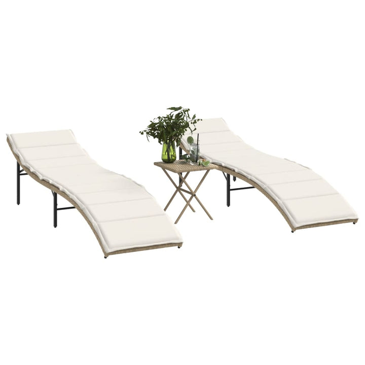 Sonnenliegen 2 Stk. mit Tisch Beige Poly Rattan