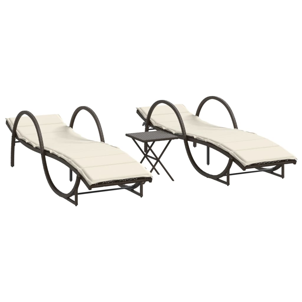 Sonnenliegen 2 Stk. mit Tisch Braun Poly Rattan