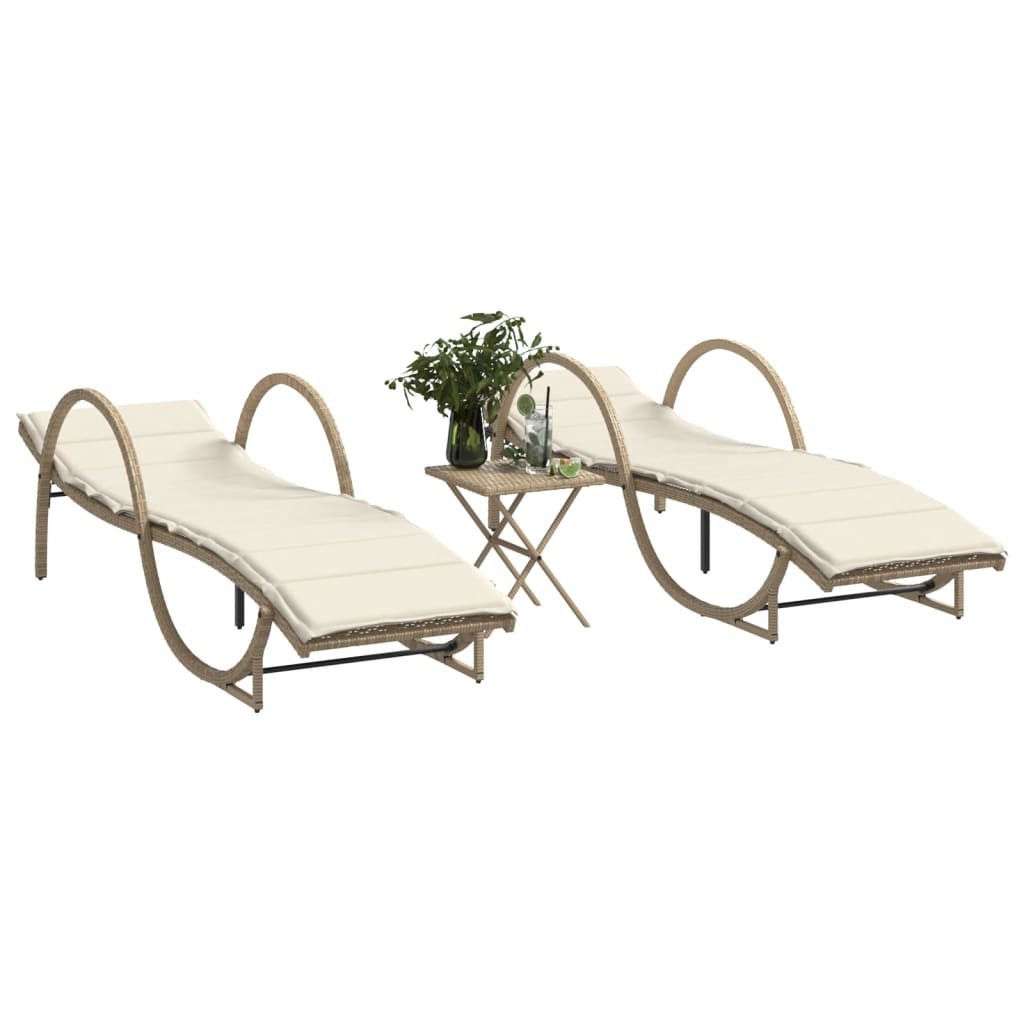 Sonnenliegen 2 Stk. mit Tisch Beige Poly Rattan