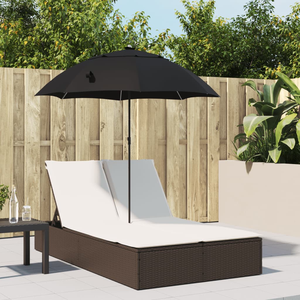 Doppel-Sonnenliege mit Kissen & Sonnenschirm Braun Poly Rattan