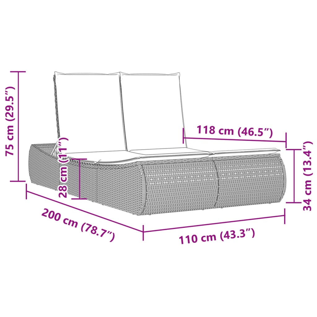 Doppel-Sonnenliege mit Auflagen Braun Poly Rattan