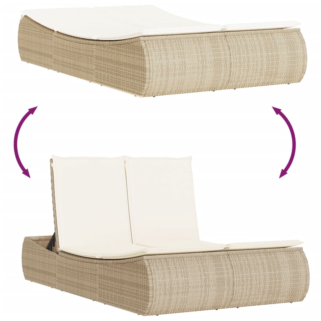 Doppel-Sonnenliege mit Auflagen Beige Poly Rattan