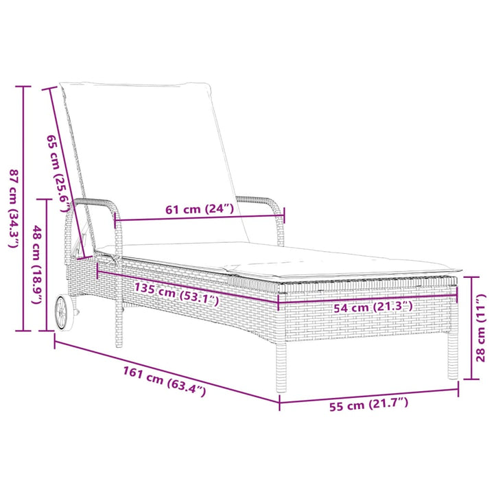 Sonnenliege mit Rollen und Auflage Schwarz Poly Rattan