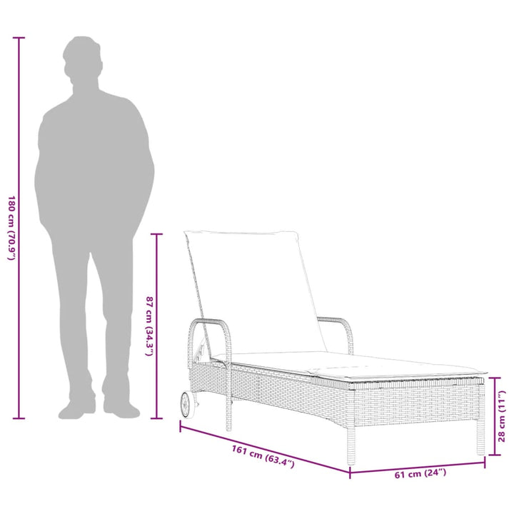 Sonnenliege mit Rollen und Auflage Grau Poly Rattan