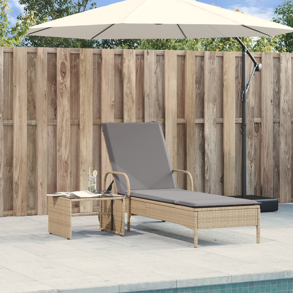 Sonnenliege mit Rollen und Auflage Beige Poly Rattan