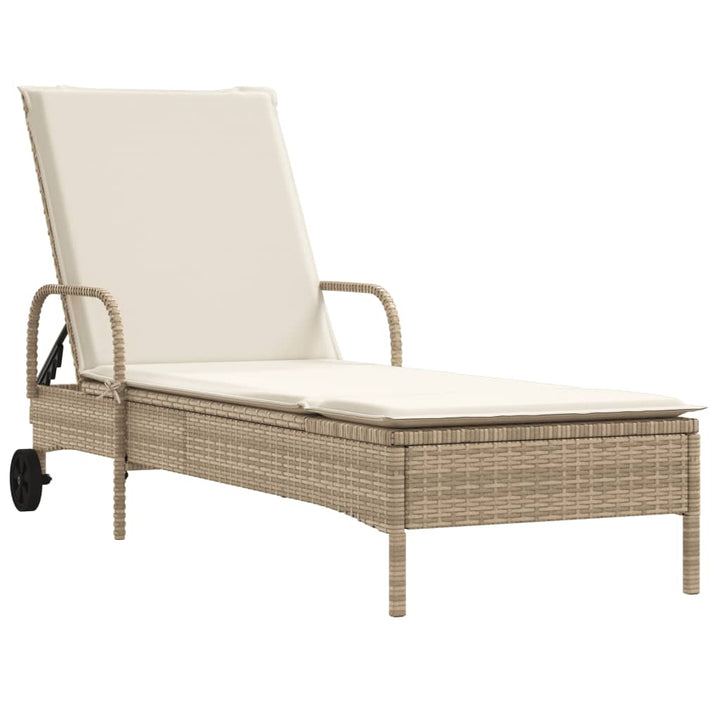 Sonnenliege mit Rollen und Auflage Beige Poly Rattan