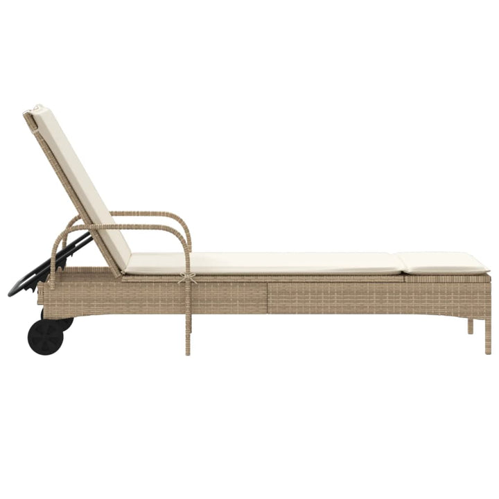 Sonnenliege mit Rollen und Auflage Beige Poly Rattan