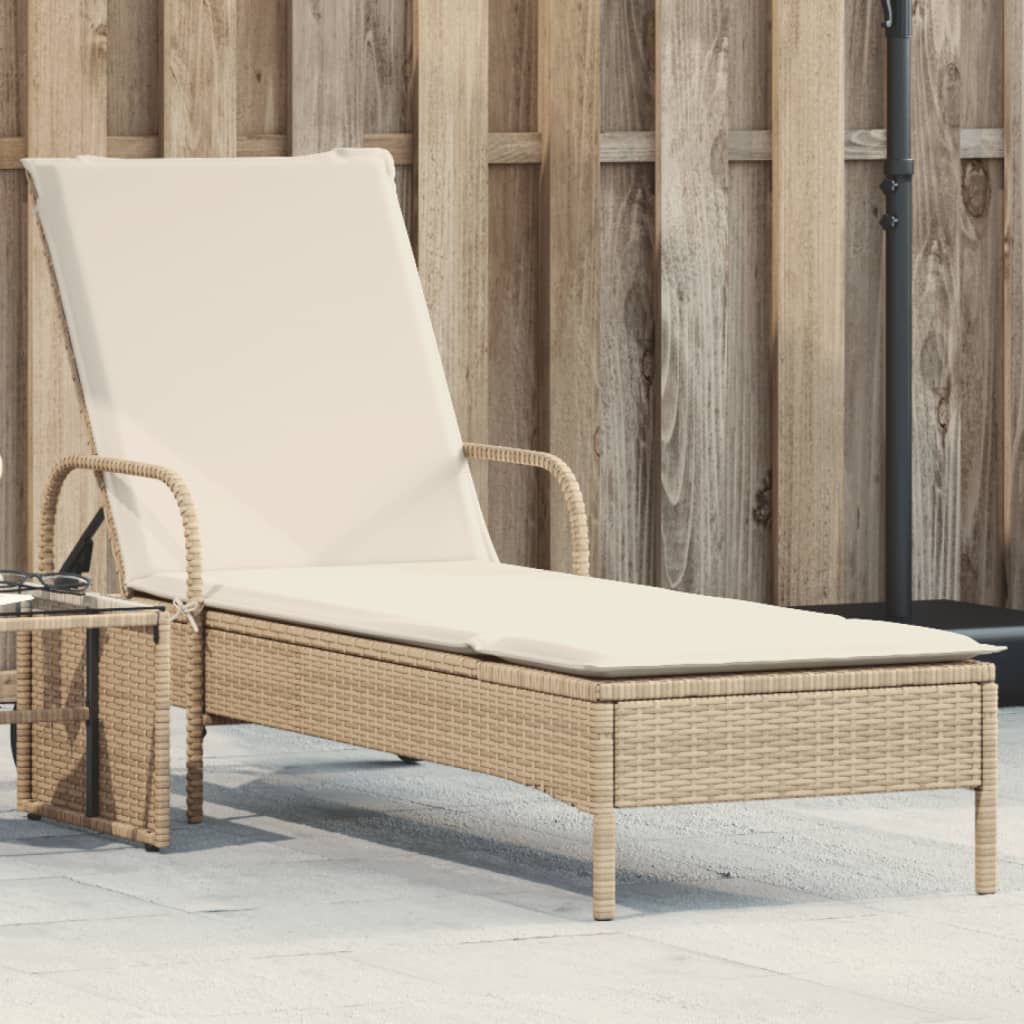 Sonnenliege mit Rollen und Auflage Beige Poly Rattan