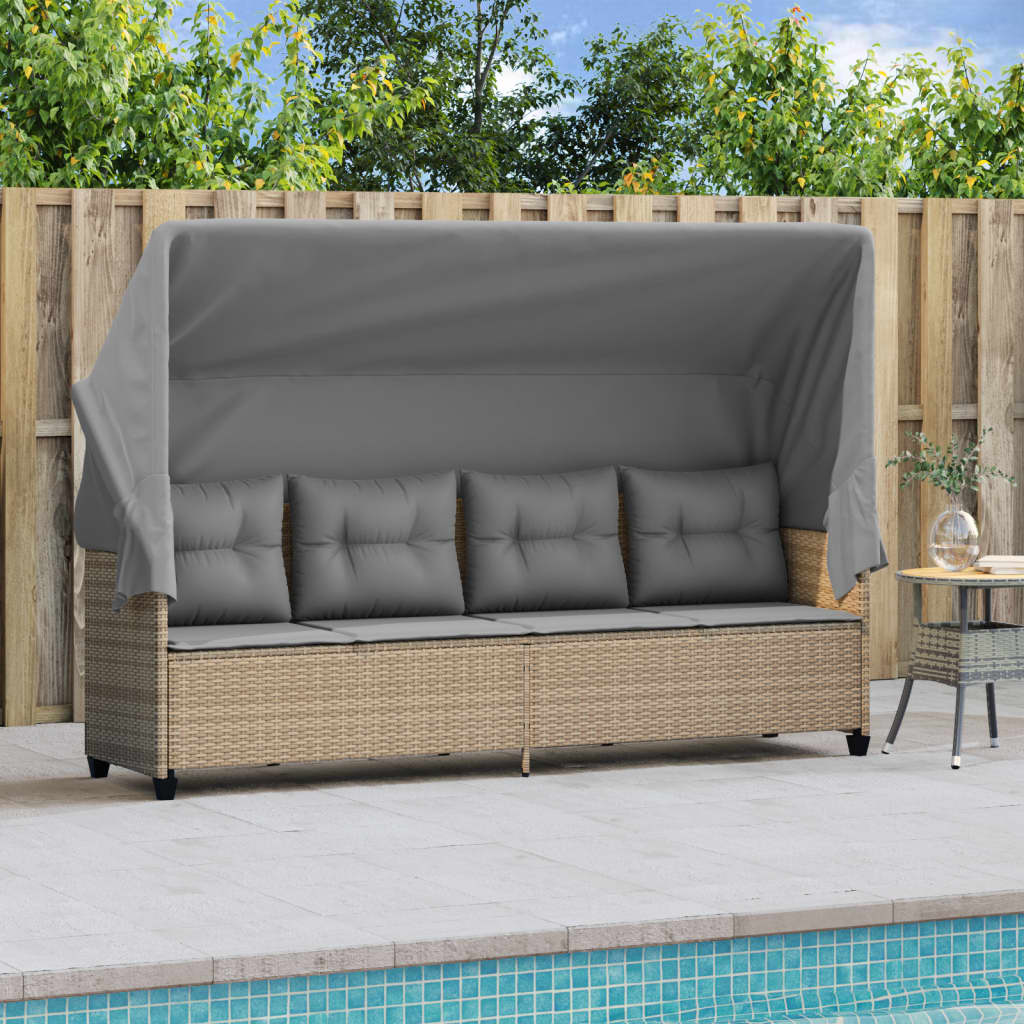 Sonnenliege mit Dach und Kissen Beige Poly Rattan