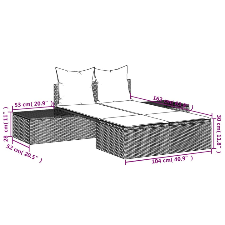 Doppel-Sonnenliege mit Kissen Grau Poly Rattan