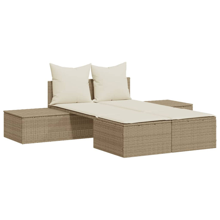 Doppel-Sonnenliege mit Auflagen Beige Poly Rattan