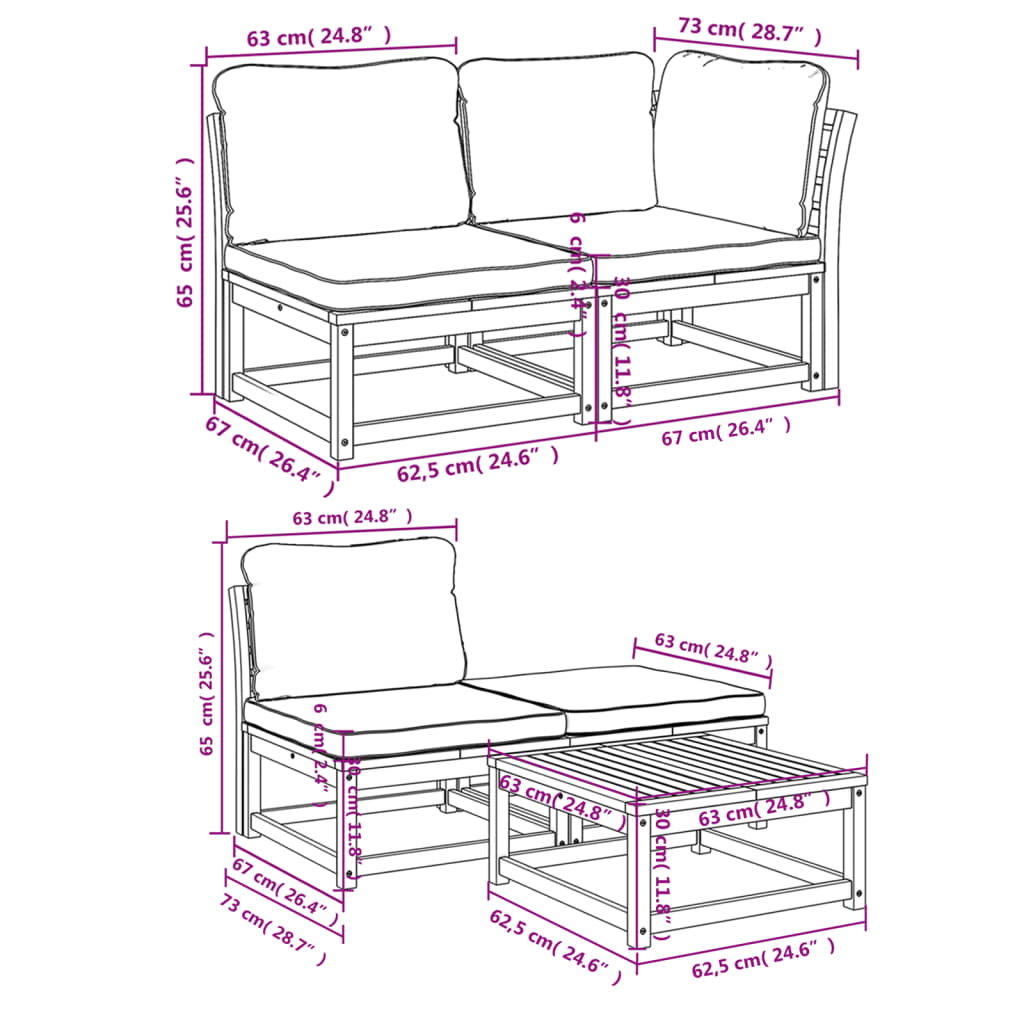 5 uds. Conjunto de salón de jardín con cojines de madera maciza de acacia.