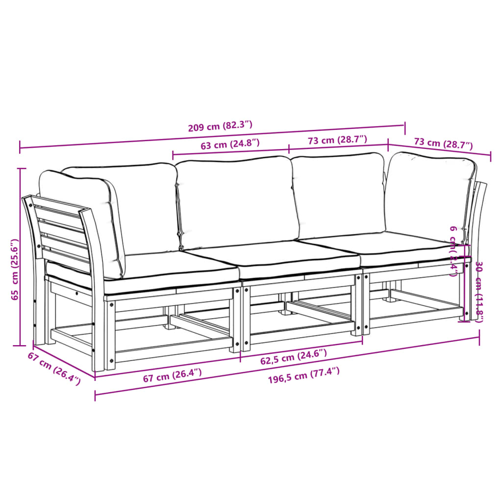 3 uds. Conjunto de salón de jardín con cojines de madera maciza de acacia.