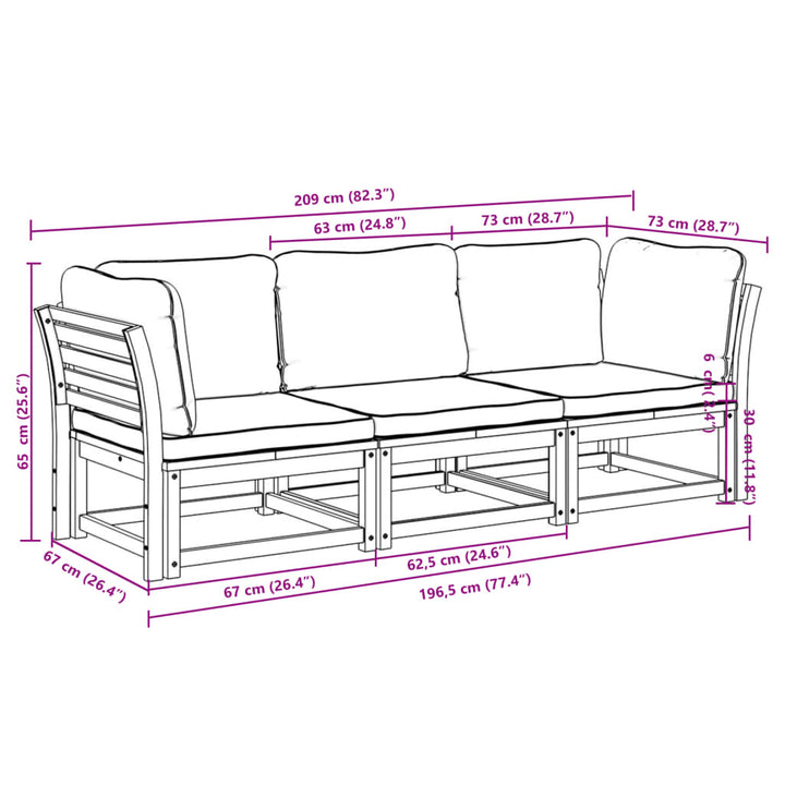 3 uds. Conjunto de salón de jardín con cojines de madera maciza de acacia.