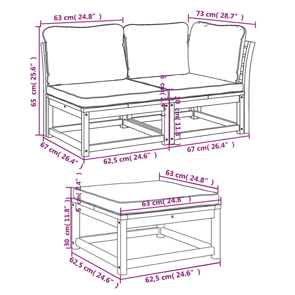 3 uds. Conjunto de salón de jardín con cojines de madera maciza de acacia.