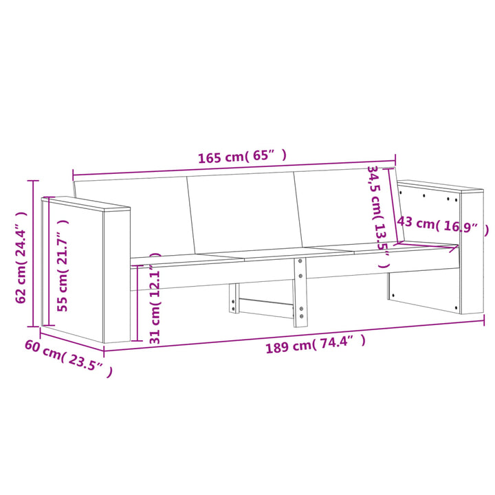 Sofá de jardín 3 plazas 189x60x62 cm madera maciza de abeto Douglas