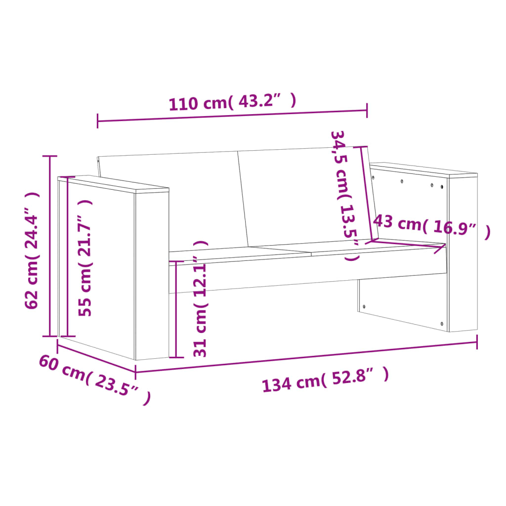 Sofá de jardín 2 plazas 134x60x62 cm madera de pino impregnada